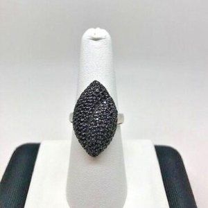 Round melee Black Spinel leaf design art deco Ring in Sterling Silver Size 7